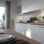 Modernt kök med vita skåp och en träbänk. En växt står på bänken bredvid köksredskap hängande på en kroklina. I bakgrunden syns en glasdörr som öppnar mot en balkong med en matplats bestående av ett runt bord och stolar. Dämpat ljus strömmar in genom fönstret, vilket ger en ljus och luftig känsla i rummet.