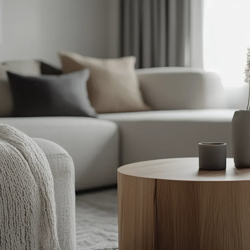 En modern vardagsrumsinteriör med en ljus och luftig atmosfär. En grå soffgrupp med flera kuddar i olika neutrala färger syns i bakgrunden. Framför soffan står ett runt soffbord av trä, där en liten mörk kruka och en vit, ojämn vas med torkade växter står. En mjuk, strukturerad filt ligger över soffkanten, och stora fönster släpper in naturligt ljus i rummet.