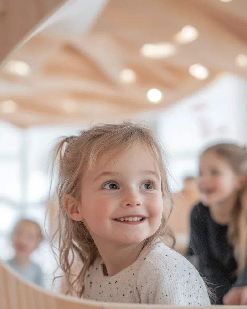 Ett leende barn med ljust hår och blå ögon sitter framåt, med en mjuk, stickad tröja. I bakgrunden syns andra barn som skrattar och interagerar. Rummet har ljusa träytor och naturligt ljus som strömmar in.